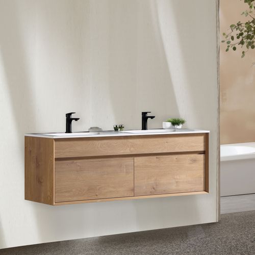 TIGO - Armoire De Salle De Bain Suspendue, étagère, Chêne à Façade Rainurée - Maison